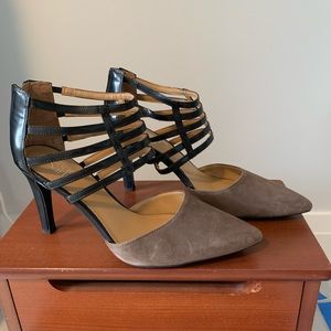 Taupe and black ankle strap pumps